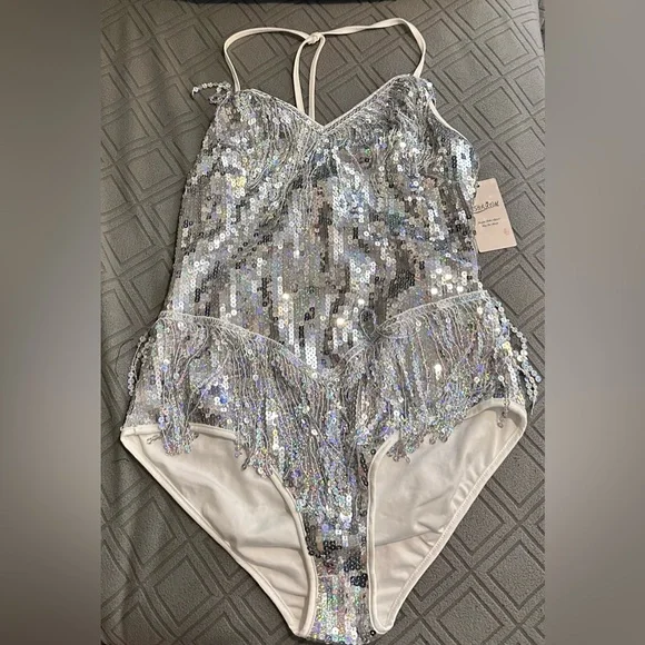 Bodysuit Leotard Sexy, Sequins Fringe large silver christmas new year party - Picture 4 of 9